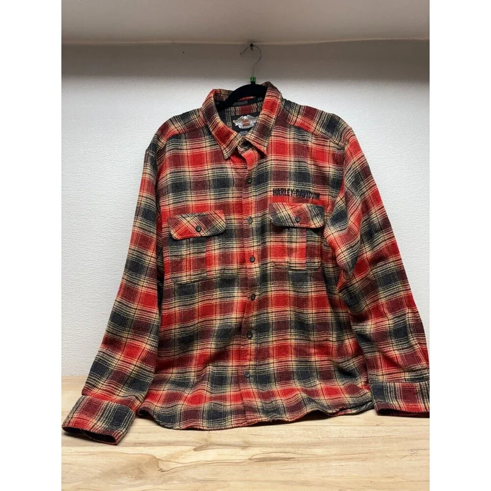 Harley Davidson Mens Long Sleeve Plaid Shirt Button Down Size: L 100% Cotton